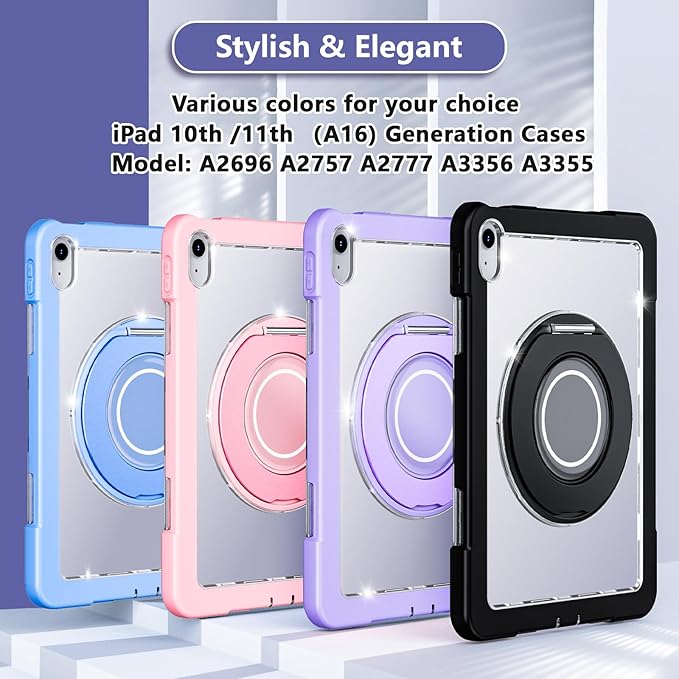 Case for iPad (A16) 11th /10th Generation 11 Inch 2025/10.9 inch 2022with Screen Protector360 Rotating Metal StandClear BackHeavy Duty Shockproof for Kids Case Black