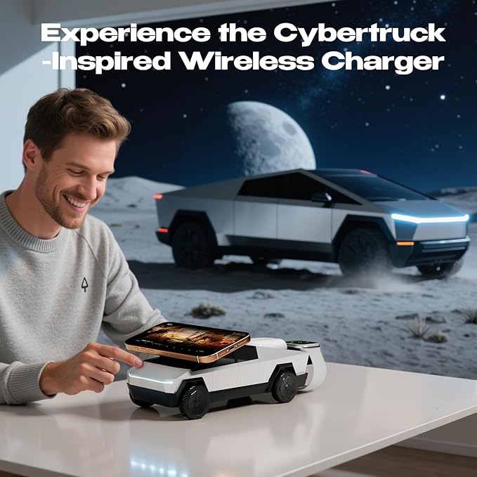 CyberDockV2 3-In-1 Wireless Charging Station Cybertruck 1:25 Scale Charger with Qi2 Certified 15W Charging for iPhone iWatch AirPods Magnetic Rotating Charger with Ambient Light 30W Adapter Sliver