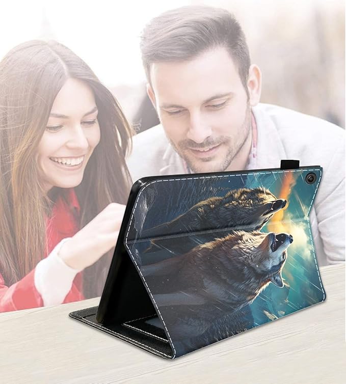 Case for Amazon Kindle Fire 7 Tablet (7 9th/7th Generation 2019/2017 Release) Slim PU Leather Cover with Card Slot &amp Auto Wake/Sleep Wolf Howling