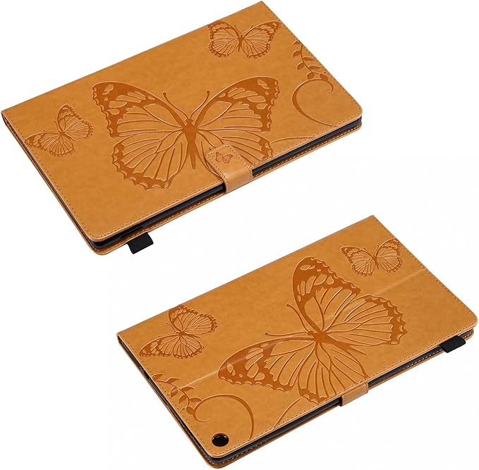 Kindle Fire HD 10 Tablet 2019/2017 Case 9th/7th Generation 10.1 with Pencil Holder Pockets [Auto Sleep/Wake] Folio Stand Embossed PU Leather Magnetic Smart Wallet TPU CoverYellow Butterfly