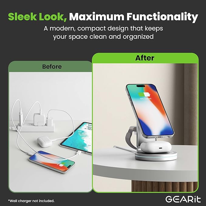 GEARit 3-in-1 Wireless Charging Station - Magsafe Compatible Charger Stand for Phone Watch Earbuds iPhone 14 15 16 16 Pro Pro Max Apple Watch Airpods Samsung Galaxy and Multiple Devices