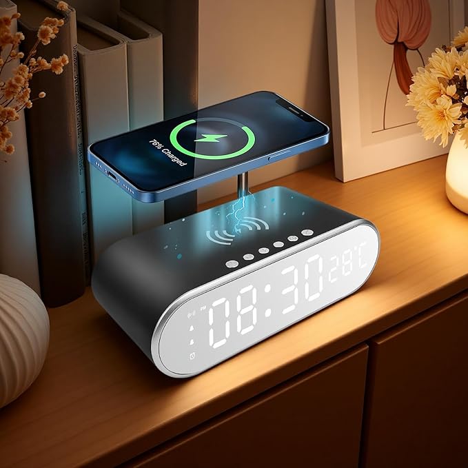 15W Fast Wireless Charging Pad Compatible with Qi-Enabled Phones 5W/7.5W/10W Standard Charging Modes Temperature Display &amp Alarm Clock for Bedside Desk W628 Black.