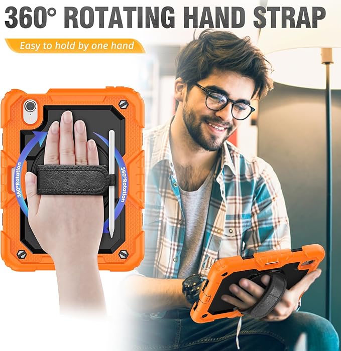 HXCASEAC Case for iPad mini 7 (A17 Pro) / iPad mini 6 Case 8.3 inch Full Body Protective with Pencil Holder Carrying Strap Hand Strap Protector 360 Rotating Stand A2995 A2993 A2567 A2568 Orange