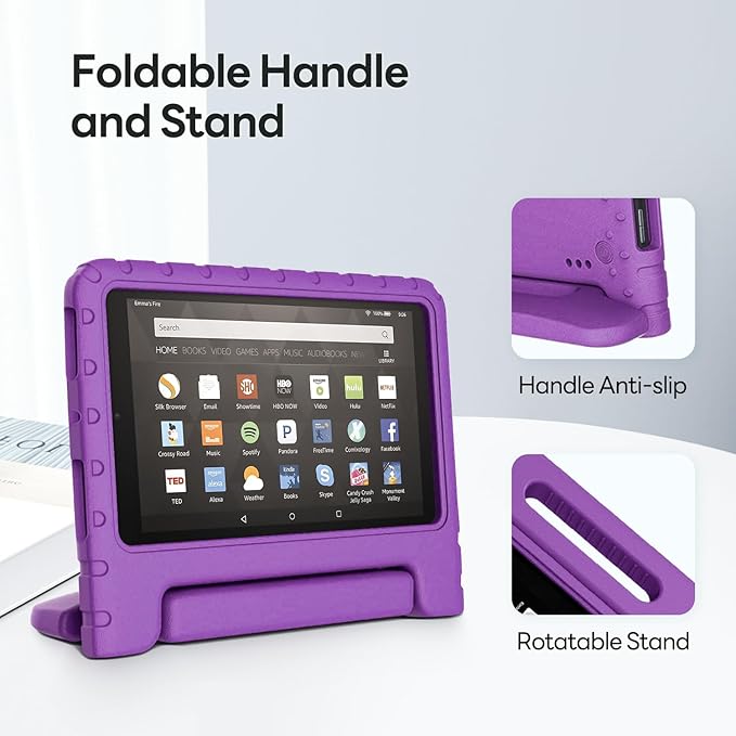 Kids Case for Kindle Fire HD 8 Tablet 8th/7th/6th Generation (2018/2017/2016 Release) Soft Flexible Lightweight Shockproof Durable with Handle Stand Purple