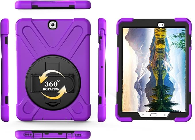 Case for Samsung Galaxy Tab S2 9.7 2015 (SM-T810/T813/T815/T817/T818/T819)Portable Heavy Duty Dropproof Protective Cover Case with 360 Rotating StandHandle &amp Shoulder StrapStylus Pen (New Purpl