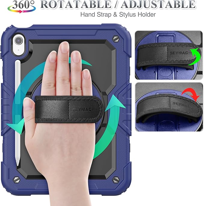 SEYMAC stock Case for iPad (A16) 11th/10th Generation 11''/10.9'' 2025/2022 Full-Body Drop Protection Case with Screen Protector &amp360° Rotate Hand Strap/Stand Navy Blue