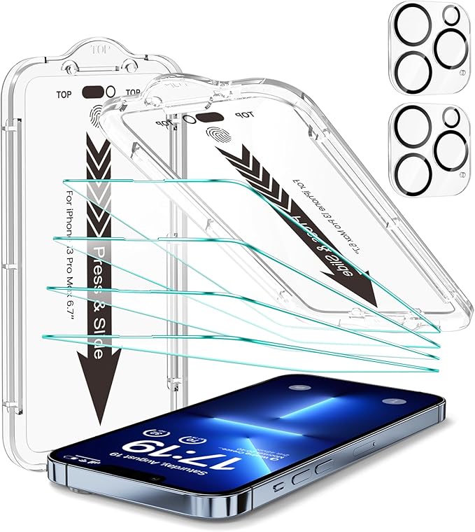 EZ-GLAZ- 4 Pack for iPhone 13 Pro Max Screen Protector [6.7] With 2 Pack Camera Lens Protector 9H+ Hardness 12FT Military Grade Shatterproof Scratch Resistant Durable Tempered Glass Film with Flawle