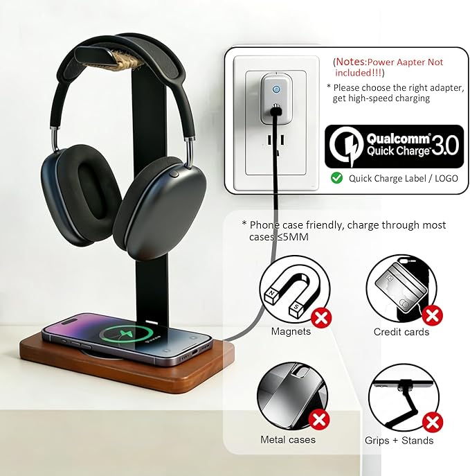 Handmade Solid Wood 2-in-1 Headset Stand with Wireless Charger 15W Max FastWireless Charging Dock Compatible with iPhone 17/16/15/14 /Samsung SeriesUniversal Holder for All Desk Headphones