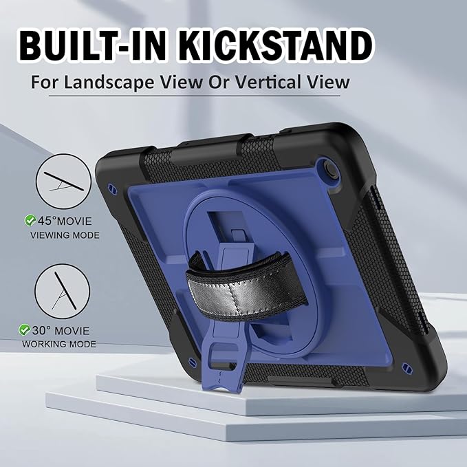 BMOUO for Samsung Galaxy Tab A9+ Plus Case 11 2023 (SM-X210/X216/X218) Shockproof Galaxy Tab A9 Plus Case with Rotating Stand and Hand/Shoulder Strap Navy Blue and Black