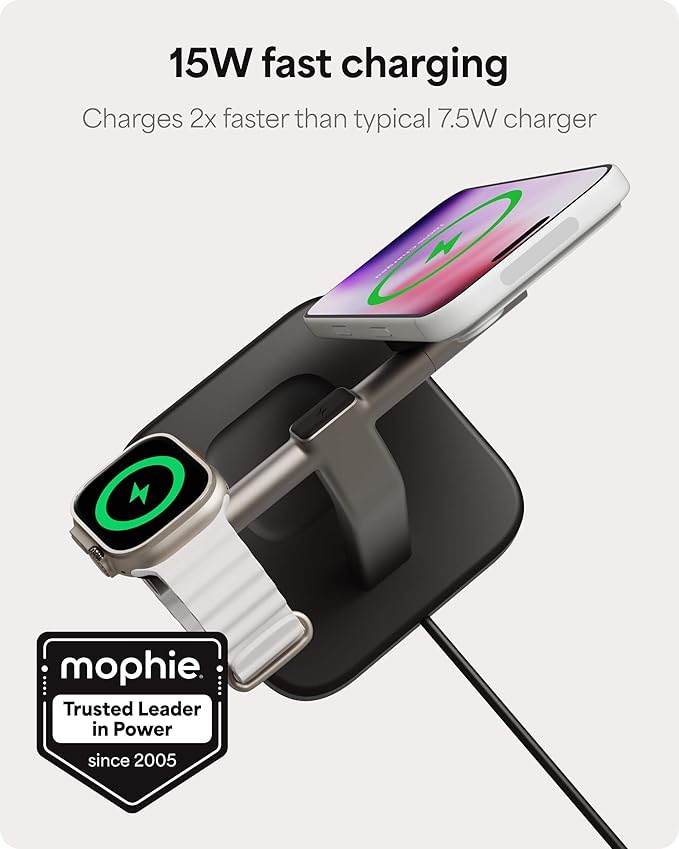 Mophie 3-in-1 Wireless Charging Stand - Qi2-Certified MagSafe Charger for iPhone Apple Watch &amp AirPods – Fast Charging Station with Adjustable Phone Stand &amp Cable Management – Up to 15W Powe