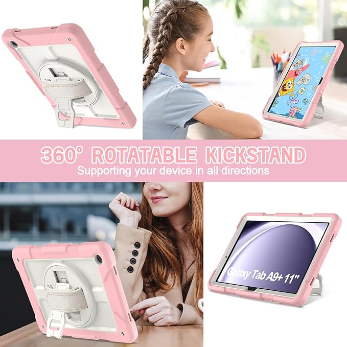 AVAWO Case for Samsung Galaxy A9+ Plus 11 inch 2023 with 360° Swivel Handle Strap Cover with Lanyard Pink and Beige