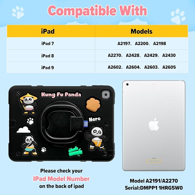 Case for iPad 9th/8th/7th Generation iPad 10.2 Inch 2021/2020/2019 Funny Cartoon Silicone 3D Panda Design Kids Case Heavy Duty Protection with Stand/Pencil Holder/Shoulder Strap