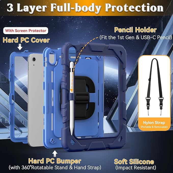Grifobes for iPad A16 11th/10th Generation Case 2025/2022 for 11 Inch/10.9 Inch iPad Case Cover with Screen Protector 360°Rotate Stand Hand &amp Shoulder Strap Pencil Holder for Kids Navy Blue