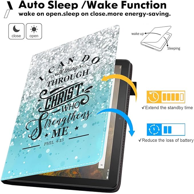 Case for Amazon Kindle Fire HD 10 Tablet 10.1 (9th/7th Generation 2019/2017 Release) Premium PU Leather Stand Cover with Smart Auto Wake Blue Background Quote Bible Verse Phil 4:13