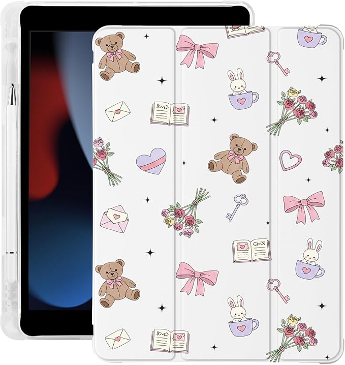 Cute Kawaii Bear Bunny for iPad 5th/6th Generation Case with Pencil Holder Auto Sleep/Wake White Leather Soft TPU Back Cover for iPad 9.7 Inch