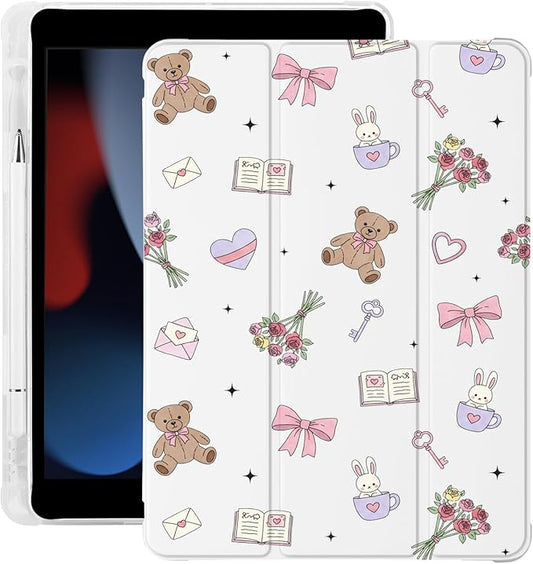 Cute Kawaii Bear Bunny for iPad 5th/6th Generation Case with Pencil Holder Auto Sleep/Wake White Leather Soft TPU Back Cover for iPad 9.7 Inch