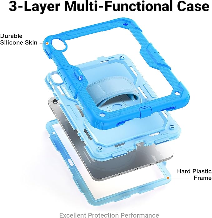 Kids Case for iPad (A16) 11th/10th Generation 11''/10.9'' 2025/2022: Shockproof Protective Case with Hand/Shoulder Strap Pencil Holder Rotate Stand Screen Protector