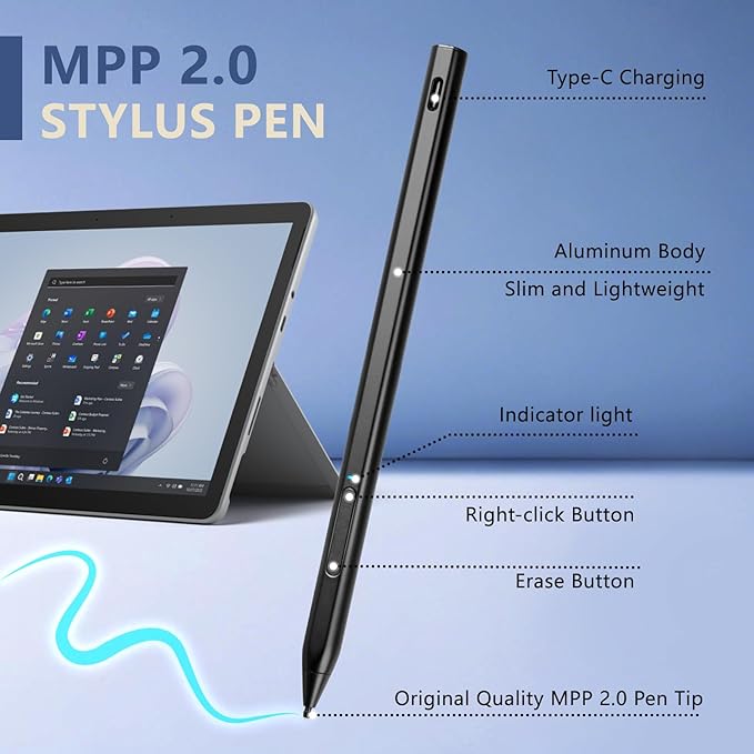 Rechargeable MPP 2.0 Tilt Pen for HP 2-in-1 Touchscreen LaptopsGenuine Digital Stylus Pen for HP Envy X360/Pavilion X360/Spectre X360 with 4096 Pressure Sensitivity and Palm RejectionBlack