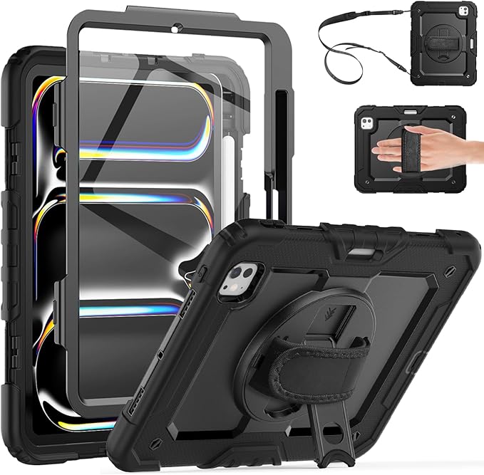 for iPad Pro 11 inch Case M5 2025/M4 2024 Shockproof Case for iPad Pro 11 M5/M4 with Screen Protector/Pencil Holder/Rotating Kickstand [Hand &amp Shoulder Strap]Black