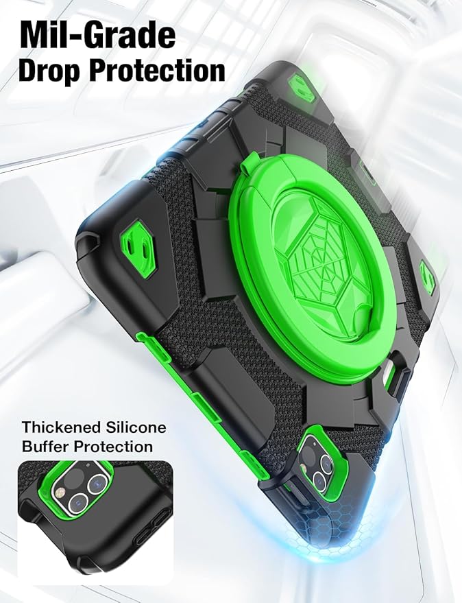 SCSVPN Kids Case for iPad Air 5th/4th Generation 10.9-inch 2022/2020 iPad Pro 11'' 4th/3rd/2nd/1st Gen 2022 2021 2020 2018 Protection Case with Pen Holder Stand Handle Shoulder Strap Black Green