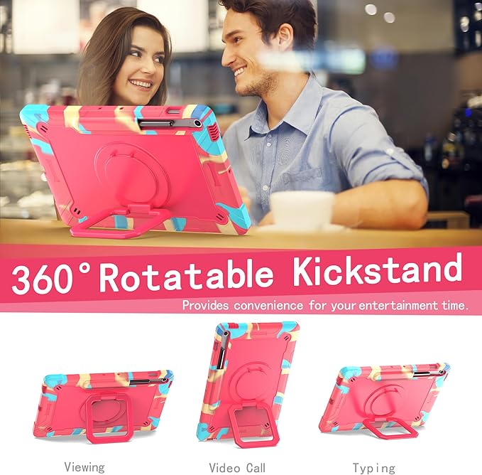 DETUOSI Case for Samsung Galaxy Tab S10 FE Plus 13.1 inch 2025 with Pencil Holder Heavy Duty Shockproof Case with Rotatable Stand &amp Shoulder Strap Camouflage Rose Red