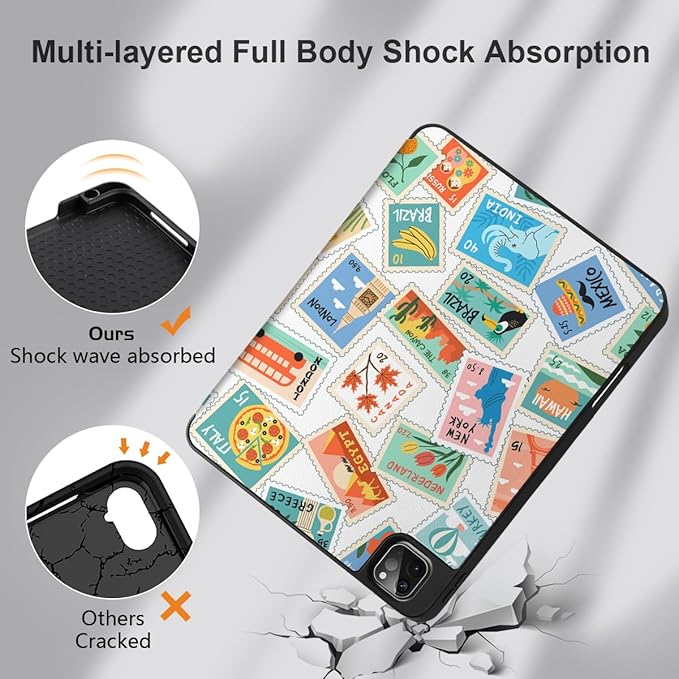DONGKE Case for iPad Pro 12.9 inch 6th Generation 2022 Built-in Pencil Holder + Trifold Stand + Auto Wake/Sleep + Protective Cover for iPad Pro 12.9 5th/4th/3rd Gen- Post Stamps