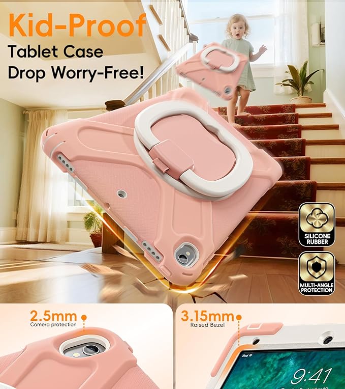 BATYUE 10.5 inch Case for ipad Air 3rd Generation 2019 / ipad pro 10.5 2017 Rugged Heavy Duty Protective Cover with Pencil Holder 360° Swivel Stand Shoulder Strap for Kids (Rose Gold)