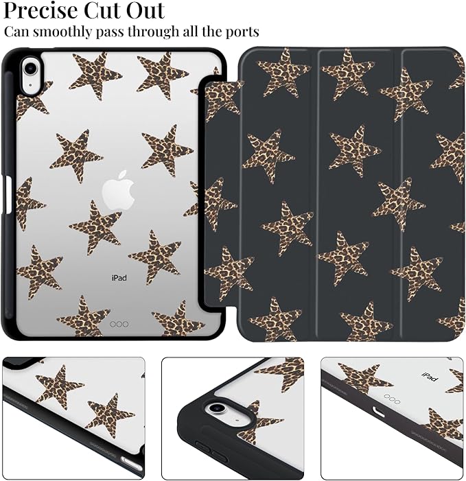 Y2k Printed Case for 10.2 iPad 2019/2020/2021 Leopard Print Star Clear Hard Back Hybrid Casewith Pencil Holder Trifold Stand Slim Tablet Cover for iPad 7th/8th/9th Gen for Women