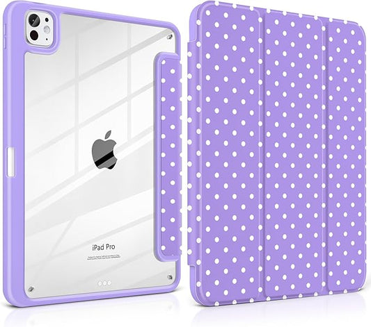 Case for iPad Pro 11 Inch (M5 2025 M4 2024) – [Built-in Pencil Holder] Shockproof &amp Stylish Clear Hard Back + Soft TPU Edge Magnetic Trifold Stand Auto Wake/Sleep Purple White dot