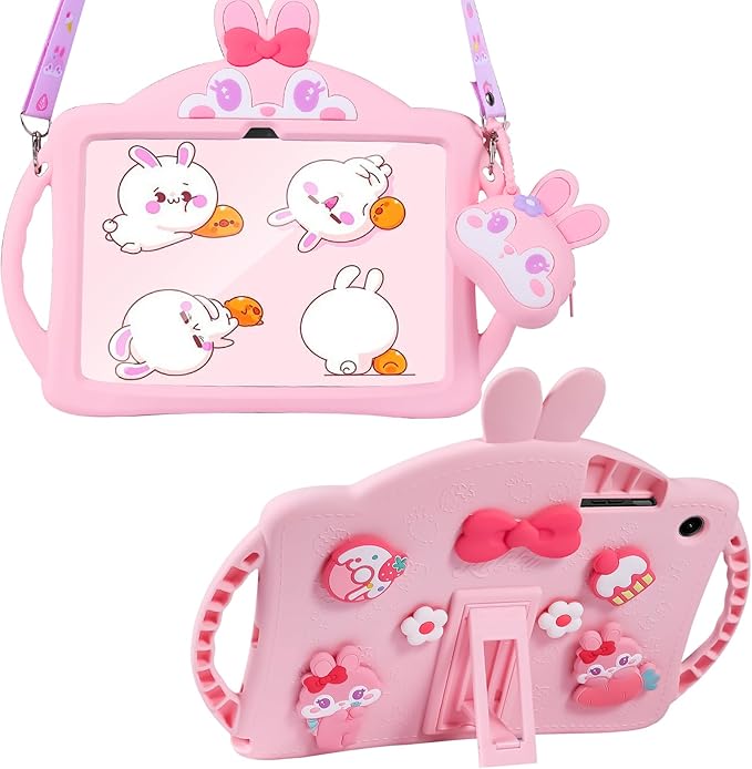 for Samsung Galaxy Tab A9 Plus 11 inch Case for Kids Girls with Adjustable Shoulder Straps Handle Wallet Rabbit Soft Silicone Tablet Cover for Tab A9+ 11'' 5g 2023(Pink)
