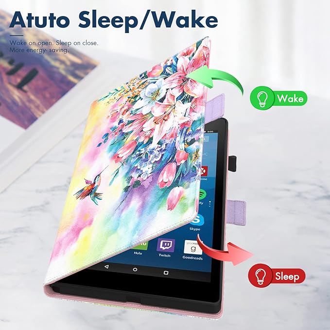 Dteck for Fire HD 8 Tablet Case (8th/7th/6th Generation-2018/2017/2016 Release) 8 Slim Folio Case with Auto Sleep Wake &amp Stand Function Hand Strap Protective PU Leather Cute Cover Pink Blosso