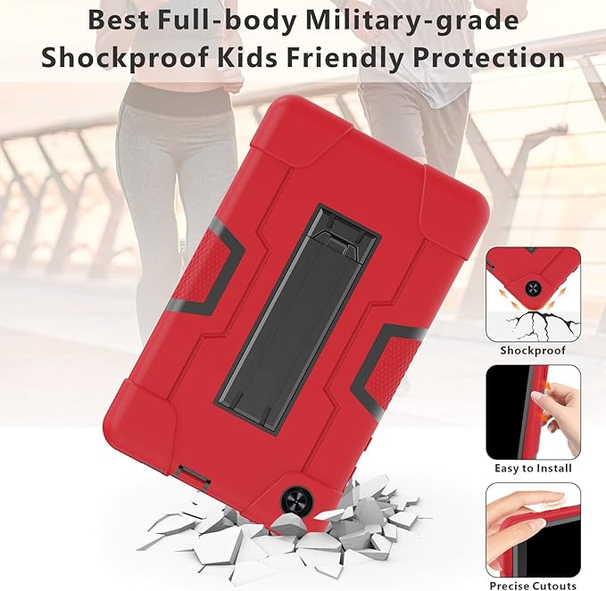 Case for for Alcatel Joy Tab 2 Tablet 8-inch 2020 Release (Model: 9032Z) - [Built-in Kickstand] Shockproof Silicone Protective Cover with Screen Protector (Red/Black/2 PCS)
