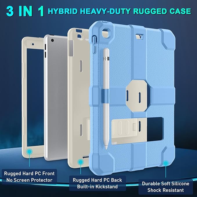 Case for iPad 9th/8th/7th Generation 2021/2020/2019(10.2 inch) Heavy Duty Shockproof Rugged Protective 10.2 Cover with Built-in Stand for iPad 9 8 7 Gen(White+Light Blue)