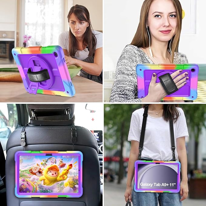 AVAWO Case for Samsung Galaxy A9+ Plus 11 inch 2023 with 360° Swivel Handle Strap Cover with Lanyard Colorful Purple