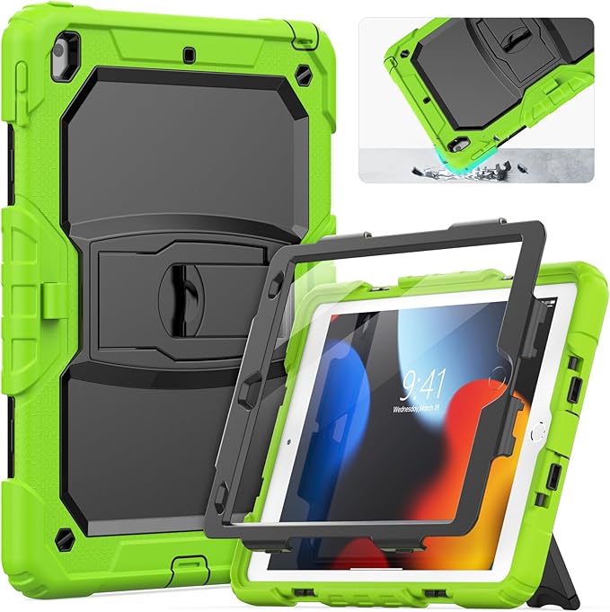HXCASEAC Kids Case for iPad 9th/8th/7th Generation Full Body Protective Design | Foldable Stand | Screen Protector | Pencil Holder Durable for iPad 9th Gen / 8th Gen 10.2 inch Dark Green