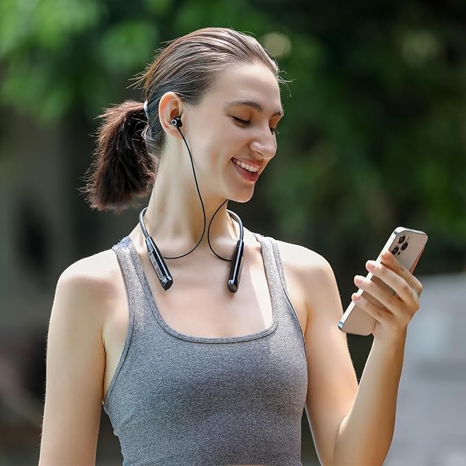 Neckband Bluetooth Headphones6.0 Bluetooth 120 Hours PlaytimeIPX7 Sports Waterproof Earbuds with Microphone Noise Cancelling with TF Card Slot HiFi Stereo (Black)
