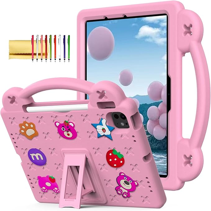Dteck Case for iPad Air 5th/4th Gen 10.9 2022/2020iPad Pro 11 inch 4th/3rd/2nd/1st GenStrawberry Panda Shockproof Rugged Lightweight Convertible Handles Stand Kids Friendly Pencil Holder CasePink