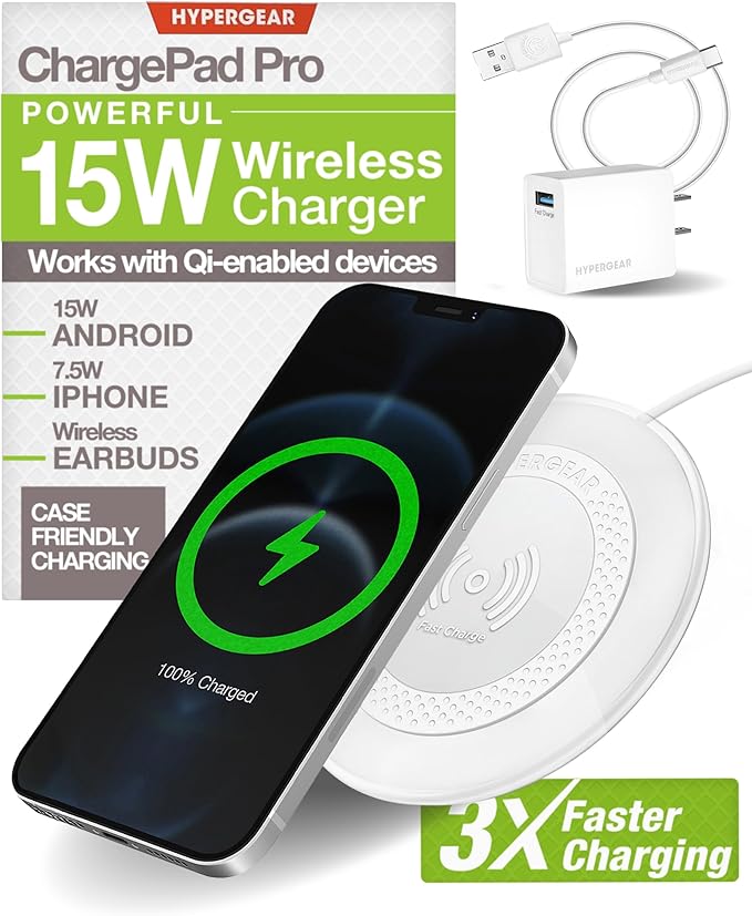 Fast Wireless Charger HyperGear Wireless Cell Phone Charging Pad w/LED Power Indicator [Charges on Contact] Universal Compatibility for iPhone 14/13/12/Pro Max/Pro Galaxy S23/S22 &amp More [White]1