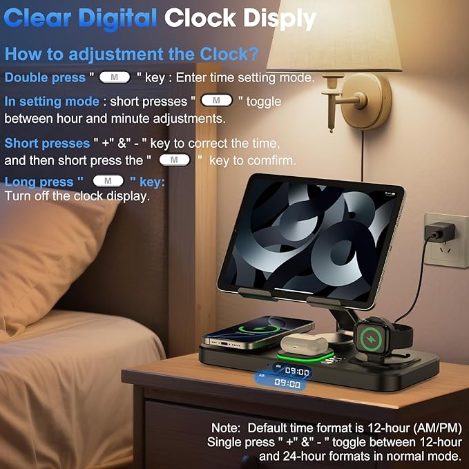 6 in 1 Wireless Charger for Apple Multiple Devices Charging Station with Clock &amp7 Color Ambient Light Foldable Rotate Stand for iPad for iPhone17/16/15 Support for Apple Watch11/10 For AirPods