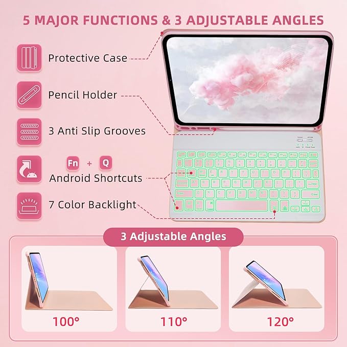 Keyboard Case for Amzaon Fire HD 10/10+ Plus (11/13th Generation) Case with Keyboard - 7 Colors Backlit Keyboard Protective Case and Mouse (Pink)