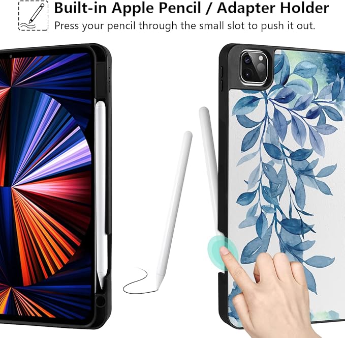 DONGKE Case for 2022/2021/2020/2018 iPad Pro 11 inch Gen 4/3/2/1 - Slim Protective Case - Built in Pencil Holder Support Charging - Trifold Stand &amp Sleep/Wake Cover - Watercolor Blue Floral