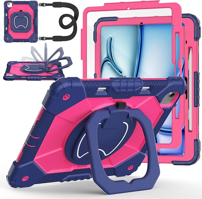 Case for iPad Air 13 Inch Case M4 2026/M3 2025/ M2 2024 Auorld for iPad Air 13 Inch Case M4 2026 Case with Screen Protector 360 Degree Rotating Stand Shoulder Strap Pencil Holder Navy Pink