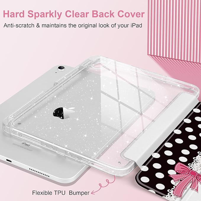 MEEgoodo Case for iPad A16 11th Generation 2025/10th Generation 2022 Glitter Tablet Cases with Transparent Acrylic Back+Trifold Stand +Pencil Holder+Auto Wake/SleepDots with Pink Bows