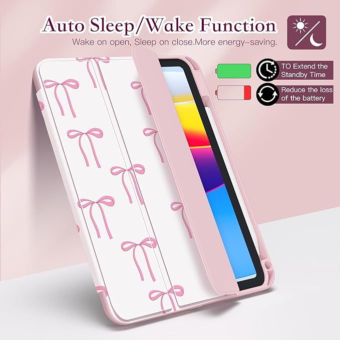 CISSOOK Compatible with iPad 11 Inch 2025 (A16) Case /10.9 inch iPad 10th 2022 with Apple Pencil Slot Auto Wake/Sleep White Base with Pink Bow Shockproof Cover