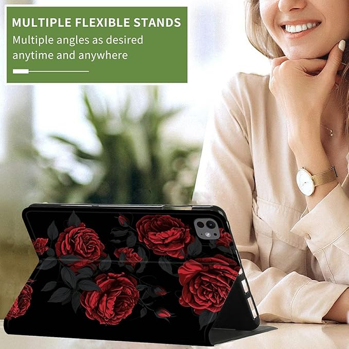 for iPad Pro 13 Inch Case M4 2024 7th Generation for Women Men PU Leather Slim Lightweight Folio Kickstand Multi-Angle Stand Smart Protection Shell Cover with Auto Wake/SleepRed Roses
