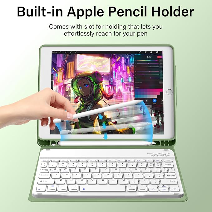 Kenke for iPad 6/5th Generation Case with Keyboard 9.7 Inch 2018/2017 iPad Air 2/1 Detachable Wireless Bluetooth iPad Keyboard Case with Built-in Left Side Pencil Holder Auto Wake/Sleep(Matcha Green)
