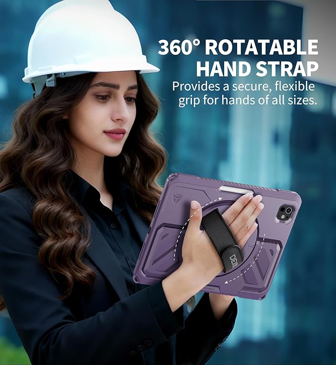 Dexnor for iPad Pro 11 inch Case M5 2025/M4 2024 Rugged Protective Case with 360° Rotating Hand Strap &amp Large Steady Stand &amp Screen Protector &amp Pencil Holder Shockproof Full-Body Bumper C