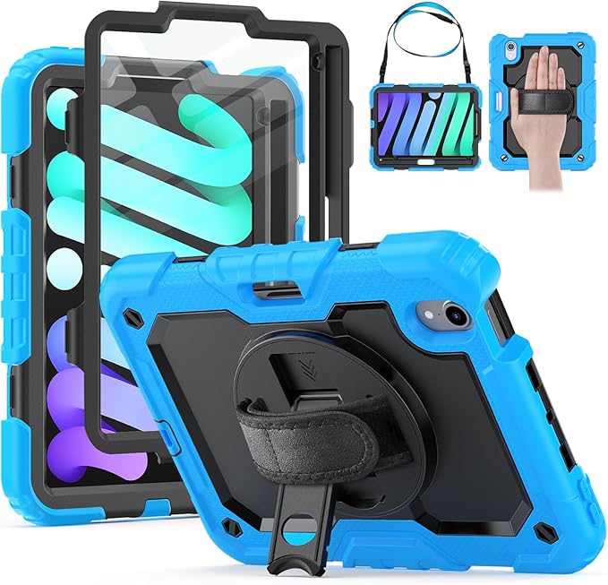 HXCASEAC Case for iPad mini 7 (A17 Pro) / iPad mini 6 Case 8.3 inch Full Body Protective with Pencil Holder Carrying Strap Hand Strap Protector Rotating Stand A2995 A2993 A2567 A2568 Light Blue
