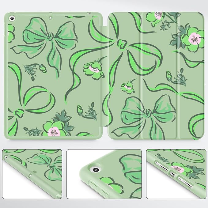 Mektron Designed Printed iPad 10.2 Case 9th Gen (2021)/ 8th Gen (2020)/ 7th Gen (2019) with Pencil Holder Slim Protective Case with Soft TPU Back for iPad 10.2 inch Flowers-Bows-Green