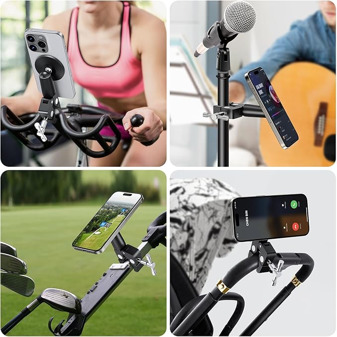 elitehood Magnetic Phone Clamp Mount Adjustable Phone Holder for Mic Stand/Music Stand/Golf Cart/Treadmill/Stroller/Shopping Cart/Stationary Bike iPhone Clamp Mount for Magsafe iPhone 16 15 14